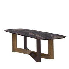 a wooden table with a black marble top