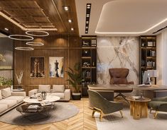 a living room filled with lots of furniture next to a dining table and bookshelf