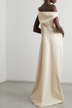 THE ROW Bamaris draped cotton-poplin maxi dress | NET-A-PORTER Net A Porter Long Dress, Moda Operandi White Dress, Cotton Gowns, Drape Maxi Dress, Long Linen Dress, Draped Neckline, Grey Maxi Dress, Iconic Dresses, Maxi Jersey Dress