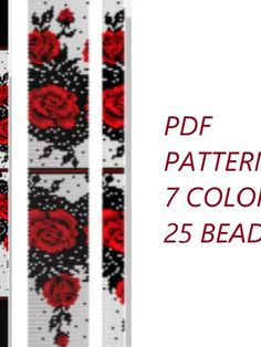 two red roses on black and white background with text that reads, pdf pattern 7 coloring 25 beads