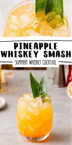 Close up and side view photos of pineapple whiskey smash cocktail, a tropical summer drink with bourbon whiskey. Text overlay says "Pineapple whiskey smash, summery whiskey cocktail". Bourbon Pineapple Smash, Buchanan's Pineapple Drinks, Pineapple Buchanan Recipes, Whiskey Pineapple Cocktail, Buchanan Pineapple Drinks, Pineapple Whiskey Drinks, Pineapple Bourbon Cocktail, Apple Whiskey Drinks, Buchanan Pineapple