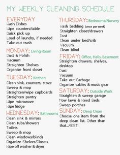 a printable cleaning checklist with the words, my weekly cleaning schedule on it