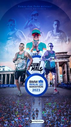 an advertisement for the running marathon with two men in front of a stadium full of people