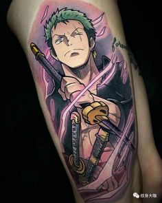 an anime character tattoo on the arm and leg, with two swords in his hand