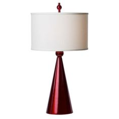 a red table lamp with a white shade on the top and bottom part of it