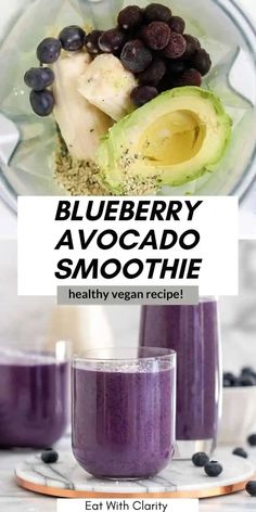 blueberry avocado smoothie in a blender with the text overlay