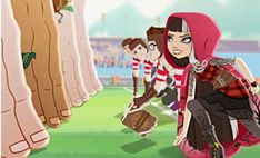 a cartoon character kneeling down in front of a row of foot high socks on the field