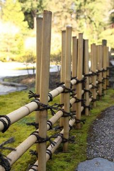 a fence made out of wooden poles with black bows on them and moss growing around the posts