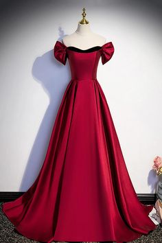 Elegant Off-Shoulder Satin Ball Gown Prom Dress Simple, Satin Long Prom Dress, Cheap Prom Dresses Long, Prom Dresses Simple, Dress With Cap Sleeves, Strapless Prom Dress, Burgundy Prom Dress, Dress Simple, Stunning Gowns