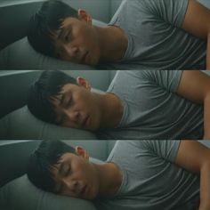 four pictures of a man sleeping on a couch