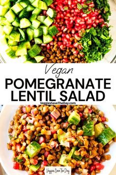 Vegan Pomegranate Lentil Salad is a delicious combination of earthy, sweet, and tart flavors. This easy recipe features brown lentils, pomegranate arils, cucumbers, red onion, and fresh herbs, tossed with a tangy pomegranate dressing. Save this pin and follow for more healthy vegan Mediterranean diet recipes!