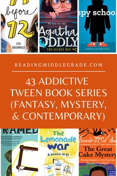 an orange book cover with the words reading middle grade com and three books in it