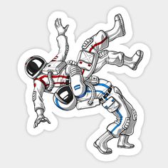 a sticker with an image of two people in space suits, one on the ground