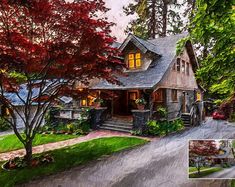 a painting of a house in the middle of a street with trees and bushes around it