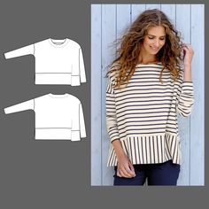 a women's top with long sleeves and bell sleeves, in two different styles