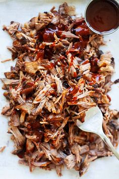 pulled pork with bbq sauce on a baking sheet