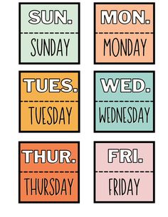 four different days of the week cards with words on them in black, white and orange