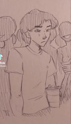 a pencil drawing of a girl holding a coffee cup and looking at another person standing next to her