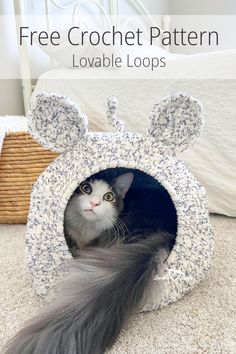 Adorable Mouse Ears Crochet Cat Pod - a free, cozy, DIY cave bed for cats and small dogs with a boho aesthetic, made with super bulky yarn. Crochet Cat Pod Free Pattern, Diy Crochet Cat Bed, Cat Bed Pattern, Cat Pod, Small Dog Bed, Bed For Cats, Crochet Cat Bed, Diy Pet Bed, Cave Bed