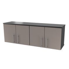 a gray cabinet with three doors and two drawers on each side, in front of a white background