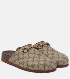 GG Supreme Horsebit mules in beige - Gucci | Mytheresa Gucci Gg Shoes, Gucci North Face Slides, Gucci House Slippers, Gucci Shoes 2023, Gucci Slide, Gucci Slippers, Equestrian Design, Gucci Horsebit, Knight Rider