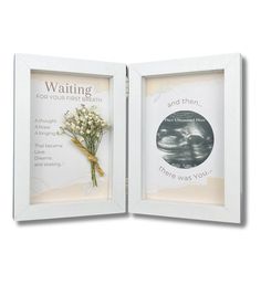 two white frames with flowers in them and the words waiting for your first breath are shown