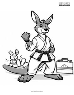 a cartoon character that is in karate stance with an animal on the ground behind him