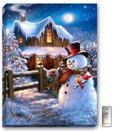 a painting of a snowman in front of a snowy village with a christmas tree