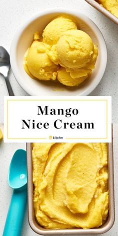 mango ice cream in a bowl with spoons next to it