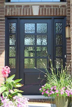 two potted plants are sitting in front of a black door with glass panes