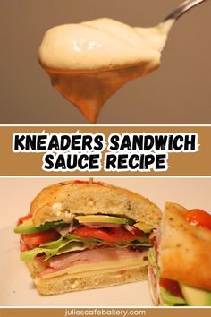 a spoon with some food on it and the words kneaders sandwich sauce recipe