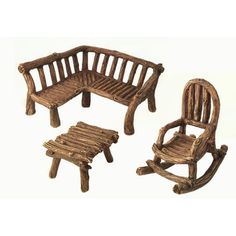 three wooden rocking chairs and two stools