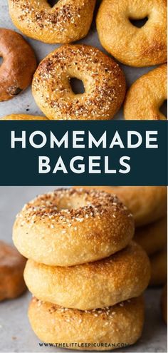 homemade bagels stacked on top of each other with the words homemade bagels above them