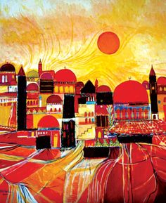 an abstract painting of cityscape with sun in the sky and buildings on either side