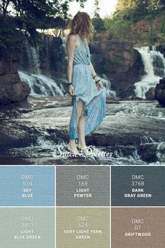 a woman standing in front of a waterfall wearing a blue and white dress with the words,