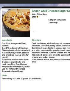 the recipe for bacon chili cheeseburger soup is shown in this screenshote