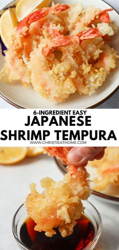 an image of japanese shrimp tempura on a plate with lemons and sauce