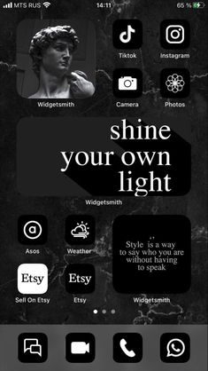 a black and white photo with the words shine your own light on it's screen