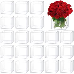 there is a vase with red roses in it and many other cubes behind it