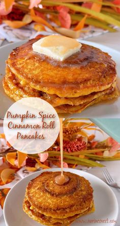 pumpkin spice cinnamon roll pancakes with butter on top