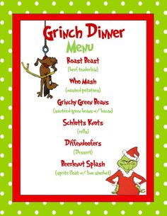 the grinch dinner menu is shown in red and green