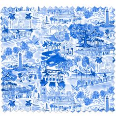 a blue and white napkin with an image of a town in the middle of it