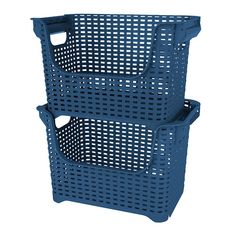 two blue plastic baskets stacked on top of each other