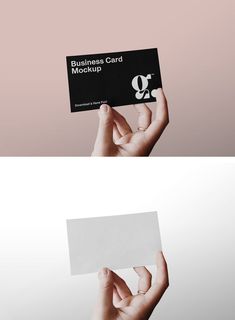 two different images of hands holding up a business card with the letter q on it