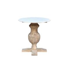 a white table with a wooden base and round glass top on an isolated white background