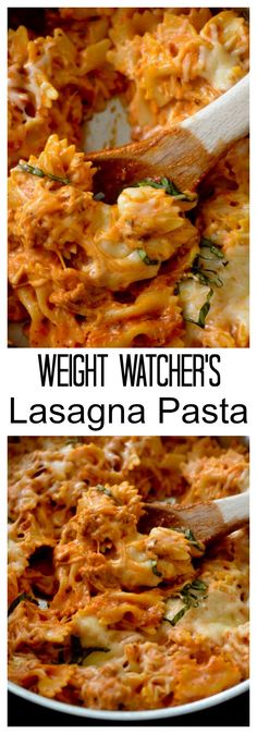 two pictures of lasagna pasta being cooked in a skillet with the words weight watcher's lasagna pasta