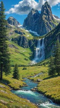 the mountains are covered in green grass and trees, with a stream running between them