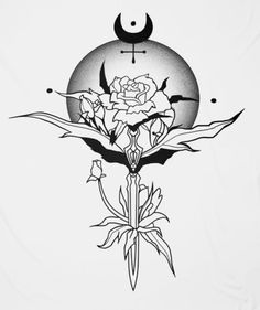 a black and white drawing of a rose with a crescent moon