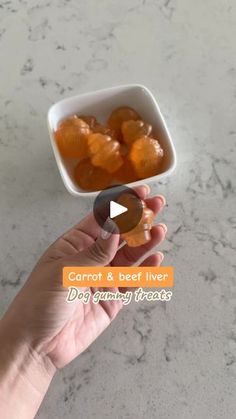 someone is holding up some oranges in a bowl on the table with text that reads carrot & beef liver dog treats