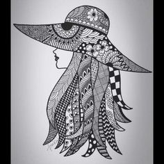 a black and white drawing of a woman's head with feathers on it, wearing a hat